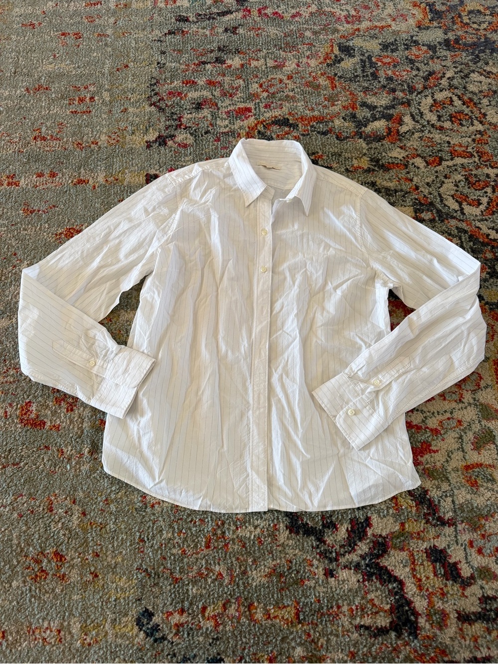 Ann Mashburn L White Gray Pinstripe Cotton Button Down Shirt Classic Preppy EUC